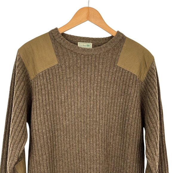 L.L.Bean Commando Sweater Mens Large Brown Wool Merino Rib Shoulder Elbow Patch - Picture 2 of 13